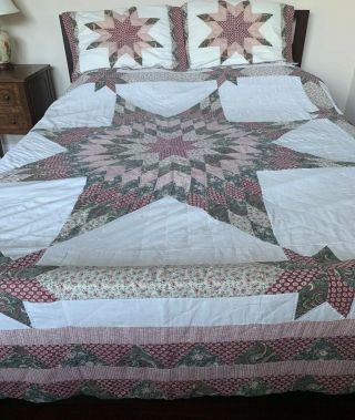 Vintage Handsewn Country Style “star” Patchwork - Queen Size Quilt W 2 Shams