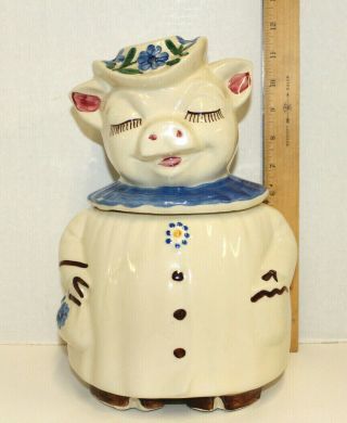 Vintage Shawnee Pottery Winnie The Pig Cookie Jar; Blue Collar Floral Hat Purse