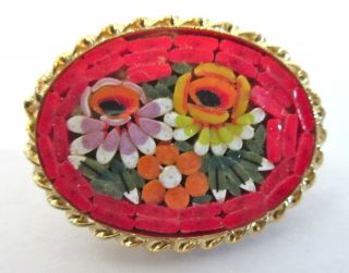 Vintage Red Micro Mosaic Brooch/pin - Flowers/floral - Italy