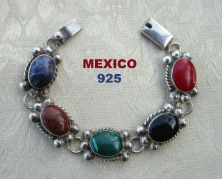 Estate Vintage Mexico 925 Sterling Silver Bracelet With Stones – 37.  2g