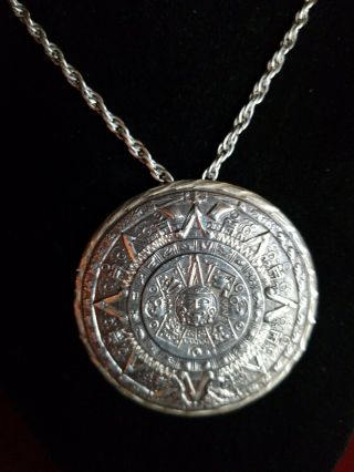 Vtg Old Mexico Sterling Silver Mayan Aztec Calendar Pendant Necklace Brooch 34.  7