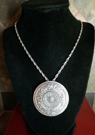 Vtg Old Mexico Sterling Silver Mayan Aztec Calendar Pendant Necklace Brooch 34.  7 2