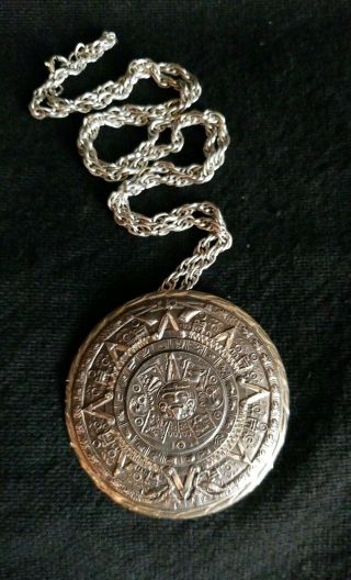 Vtg Old Mexico Sterling Silver Mayan Aztec Calendar Pendant Necklace Brooch 34.  7 3