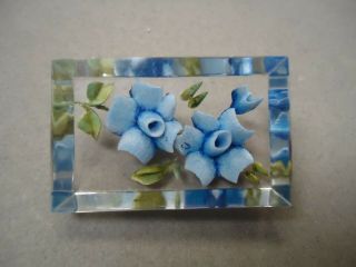 Vintage French Country Reverse Carved Clear Lucite Blue Rose Flower Brooch Pin