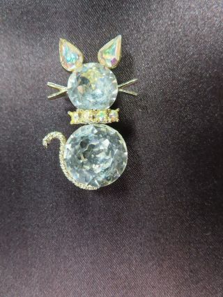 Vintage Dodds Large Size Clear Rhinestone Cat Brooch Pin Gold Tone