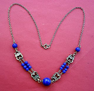 Art Deco Deep Blue & Ornate Metal Links Double Bead Row Vintage Necklace Neiger?