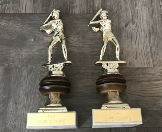 2 Vintage Baseball Trophies 1975 Wood & Metal & Marble 8.  5 " Metal Player