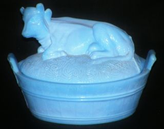 Vintage Blue Milk Glass Cow Covered Dish