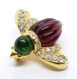Vintage Signed Jesara Gold Tone Red & Green Lucite Rhinestone Flying Bee Brooch