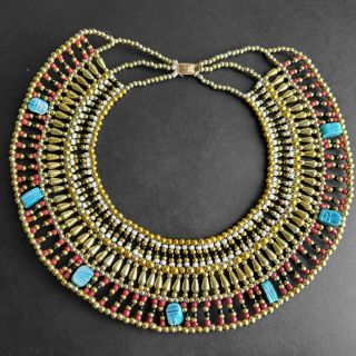 Vintage Statement Egyptian Revival Bib Necklace Scarab Beetle Gold Tone O124