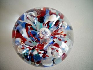 Vintage Rollin Braden Degenhart Art Glass Crimp Paperweight Five Bubble Red Blue