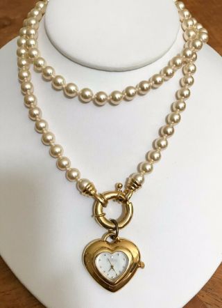 Vintage Joan Rivers Heart Shaped Clock/watch & Faux Pearl Necklace