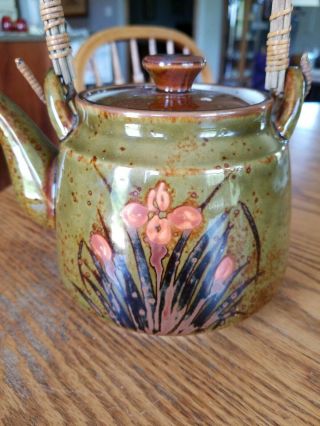 Vintage Otagiri Iris Ceramic Tea Pot With Rattan Handle Made In Japan