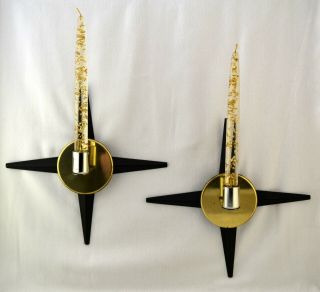 Vtg 1960s Mid Century Modern Metal Starburst Sconces Wall Hanging Candle Holders