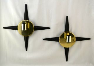 Vtg 1960s Mid Century Modern Metal Starburst Sconces Wall Hanging Candle Holders 2