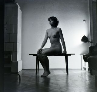 Vintage 6x6 B&w Negative Naked Girl Sitting By The Stove Nudes 1970’s Hungary