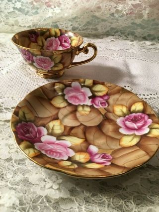 Vintage Occupied Japan Cup And Saucer Hand Painted Leaf And Roses G.  Z.  L.  U.  S.  A.