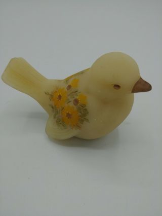 Vintage Fenton Hand Painted Floral Custard Glass Bird Figurine Signed