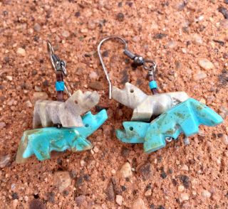 Vintage Turquoise Animal Carved Stone Earrings Fetish Southwest Festival Jewelry