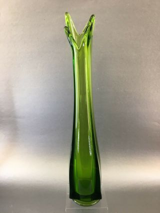 Large 15.  5 " Emerald Green Blown Art Glass Vase Vintage Stretched Glass