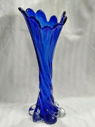 Vintage Murano Blue Twist Design Blown Glass Vase 11 " Tall 1950s