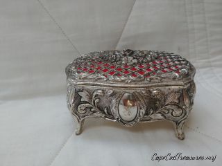 Vintage Silver Red Velvet Lined Trinket Jewelry Box With Roses And Flowers