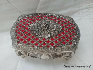 Vintage Silver Red Velvet Lined Trinket Jewelry Box with Roses And Flowers 2