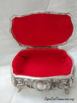 Vintage Silver Red Velvet Lined Trinket Jewelry Box with Roses And Flowers 3