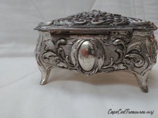 Vintage Silver Red Velvet Lined Trinket Jewelry Box with Roses And Flowers 4