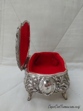 Vintage Silver Red Velvet Lined Trinket Jewelry Box with Roses And Flowers 5