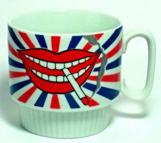 Vintage Red White Blue Coffee Mug Tea Cup 10fl oz Smile Lips Cigarette Exclusive 3