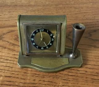 Vintage Florn Alarm Clock Jewel Germany Brass With Pen Holder Art Deco