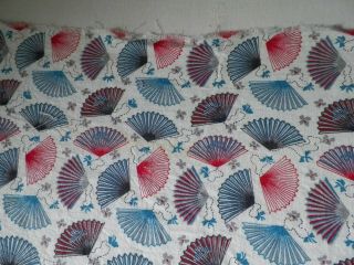 Vtg Feedsack Red Blue Gray Fans Bows White Cotton Quilt Doll Fabric 36.  5 