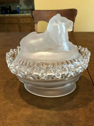 Vintage Imperial Glass Lion Covered Candy Dish Lattice Edge Frosted