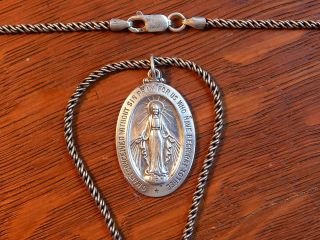 Vintage Miraculous Mary Pray For Us Sterling Silver Pendant 20 In Chain Saint
