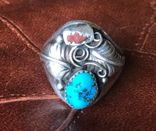 Vintage Navajo Turquoise Coral Ring Sterling Silver Very Old Signed Lm,  Maloney