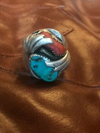 Vintage Turquoise & Coral Sterling Silver Ring By Richard Henry Yazzie,  Stunning