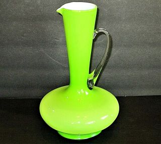 Vintage Hand Blown Art Glass Green Cased Glass 10 1/2 " Ewer,  Pitcher