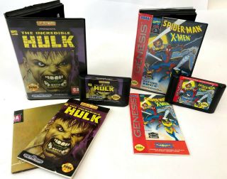 Vintage 1994 Sega Genesis Pair Complete Incredible Hulk W/ Poster & Spiderman