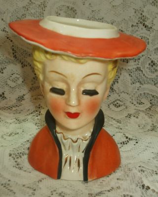 Vintage Lady Head Vase/planter Napco Japan A5120 Rust Hat/dress Gold Accents 5 "