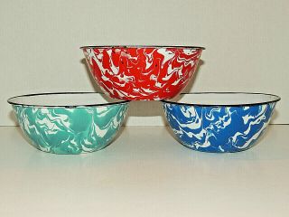 (3) Vintage Enamel/granite Ware Swirl Bowls - Red,  Green,  Blue W/ Black Trim