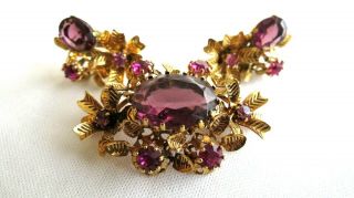 Vintage Austria Signed Brooch Pin Clip Earrings Set Amethyst Purple Rhinestones