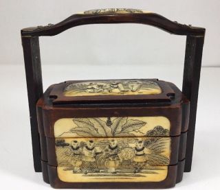 Chinese Oriental Wood Carving Wedding Basket Box Vintage