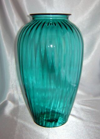 Vintage Anchor Hocking Teal Blue/green Tall Ribbed Art Deco Glass Vase (12.  5 " H)