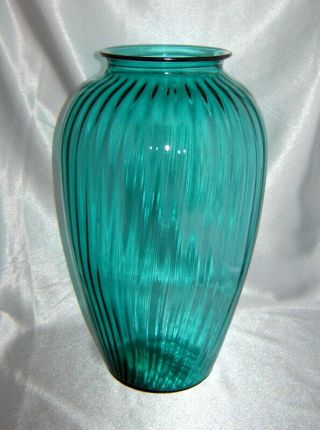 Vintage ANCHOR HOCKING Teal Blue/Green Tall Ribbed Art Deco Glass Vase (12.  5 