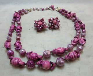 Vintage Pink,  Purple 2 Strand Plastic Beads Necklace.  Clip Earrings
