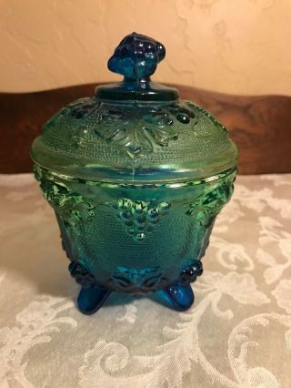 Vintage Depression Blue/green Glass Footed Lidded Sugar Bowl Candy Dish