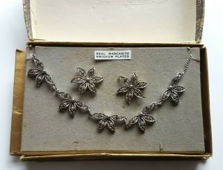 Vintage Art Deco Marcasite Rhodium Plated Necklace & Clip On Earring Set
