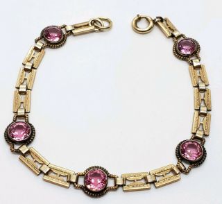 Vintage Signed Sturdy 12k Gold Filled Pink Glass Gemstone Art Deco Link Bracelet