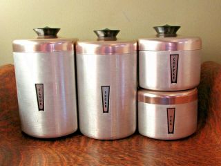 Vintage MCM Mid Century 50 ' s Aluminum,  Copper Tops,  Stackable CANISTER SET 2